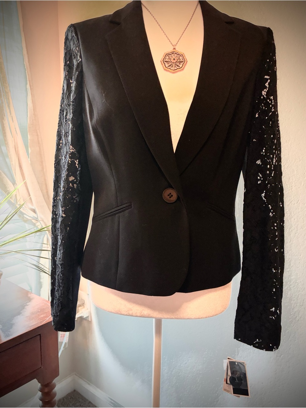 Nine West Single Breasted Black Lace-Sleeve Women's Blazer Jacket
